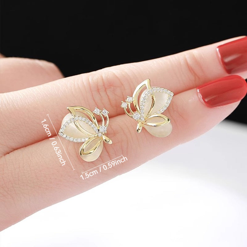 Pastoral Butterfly Stud Earrings In 14K Real Gold Plated Copper With Waterproof Non Tarnish Electroplated Finish And Zircon Inlay