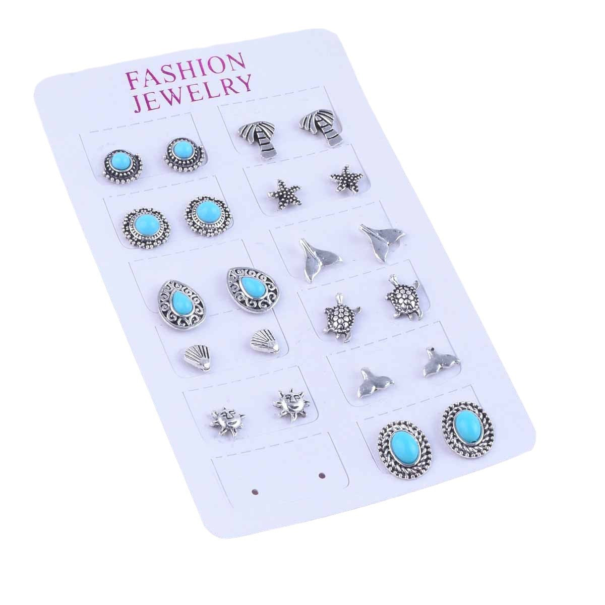 Sweet Starfish Carving Earrings In Antique Silver Plated Alloy With Turquoise Inlay, Unisex Design