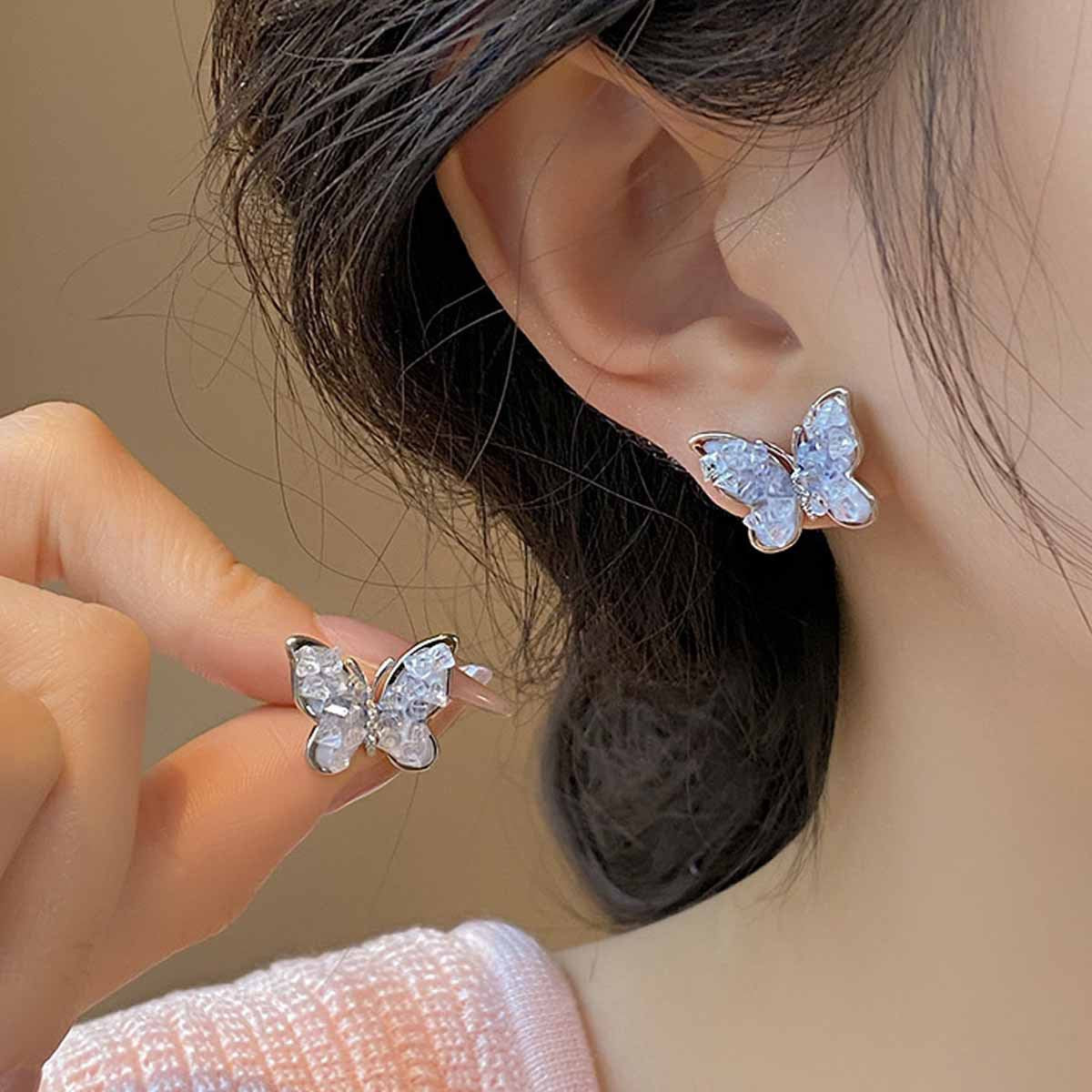 Sweet Blue Butterfly Stud Earrings For Unisex, Electroplated Alloy With Crystal Inlay