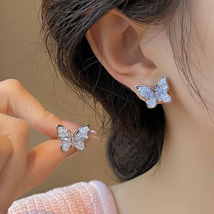 Sweet Blue Butterfly Stud Earrings For Unisex, Electroplated Alloy With Crystal Inlay