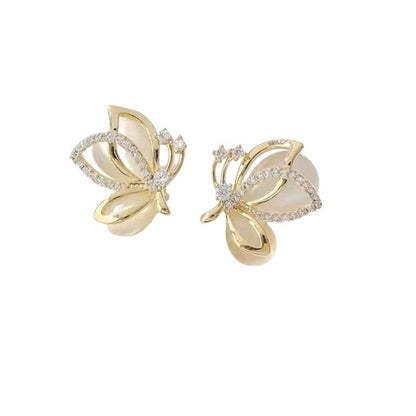 Pastoral Butterfly Stud Earrings In 14K Real Gold Plated Copper With Waterproof Non Tarnish Electroplated Finish And Zircon Inlay