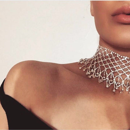 Silver Tassel Choker Necklace For Women With Gem And Rhinestone Inlay, Featuring Alloy Pendant Material