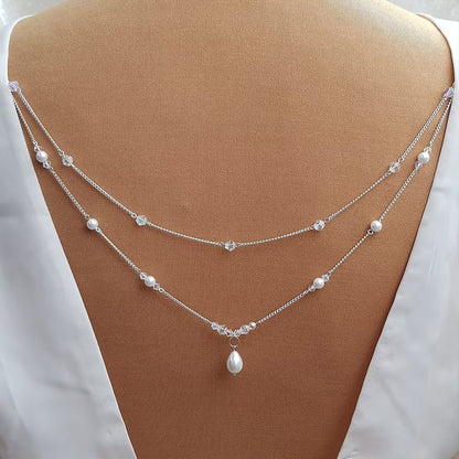 Women’s Silver Alloy Body Chain With White Crystal Inlay Featuring Pearl Pattern And Electroplated Finish