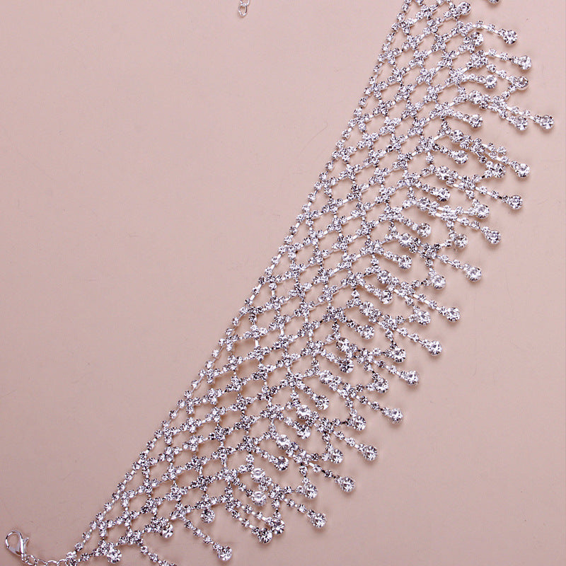 Silver Tassel Choker Necklace For Women With Gem And Rhinestone Inlay, Featuring Alloy Pendant Material