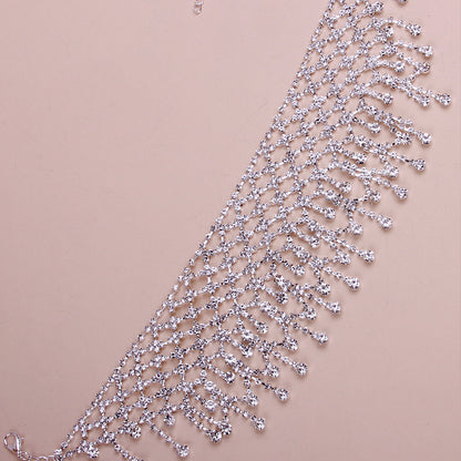 Silver Tassel Choker Necklace For Women With Gem And Rhinestone Inlay, Featuring Alloy Pendant Material