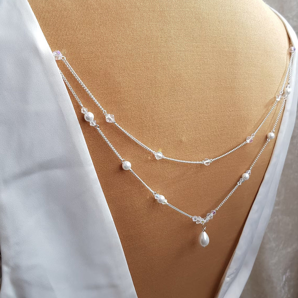 Women’s Silver Alloy Body Chain With White Crystal Inlay Featuring Pearl Pattern And Electroplated Finish