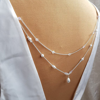 Women’s Silver Alloy Body Chain With White Crystal Inlay Featuring Pearl Pattern And Electroplated Finish