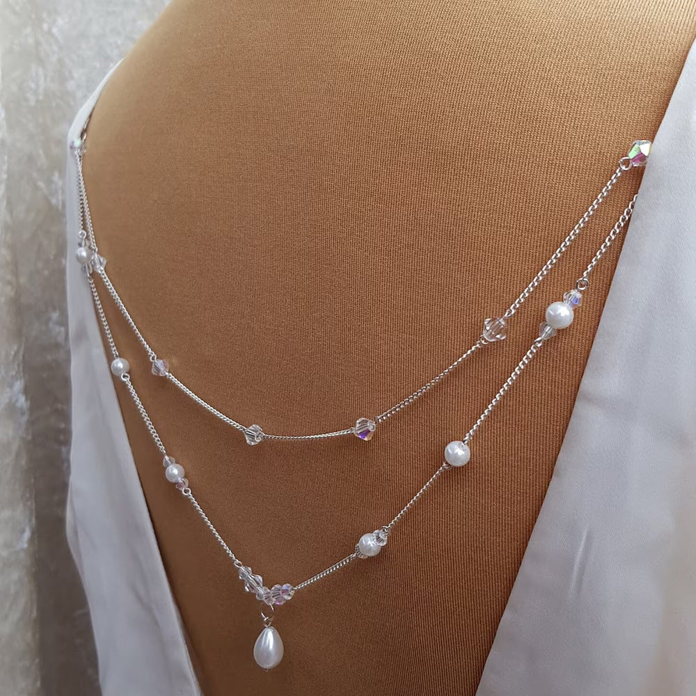 Women’s Silver Alloy Body Chain With White Crystal Inlay Featuring Pearl Pattern And Electroplated Finish