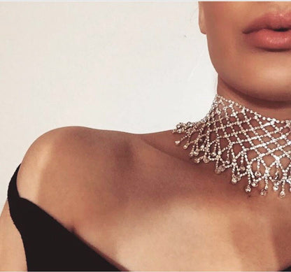 Silver Tassel Choker Necklace For Women With Gem And Rhinestone Inlay, Featuring Alloy Pendant Material