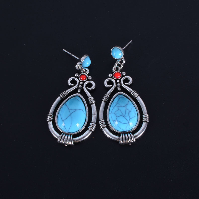 Retro Green Water Droplets Earrings For Women In Alloy With Turquoise Inlay