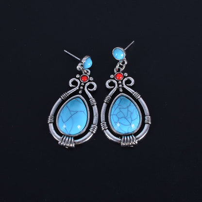 Retro Green Water Droplets Earrings For Women In Alloy With Turquoise Inlay