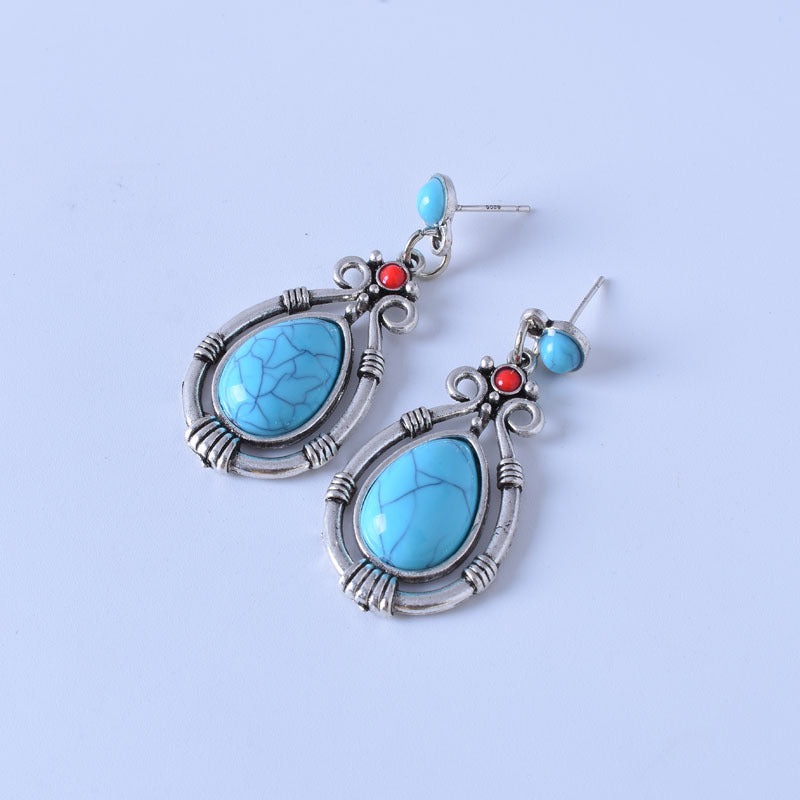 Retro Green Water Droplets Earrings For Women In Alloy With Turquoise Inlay