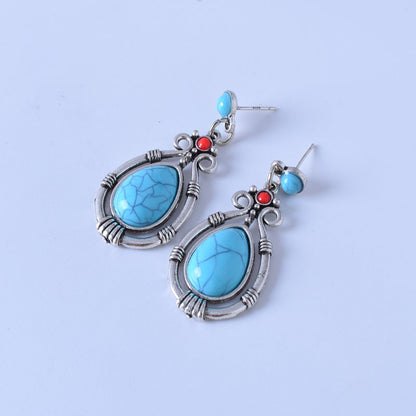 Retro Green Water Droplets Earrings For Women In Alloy With Turquoise Inlay