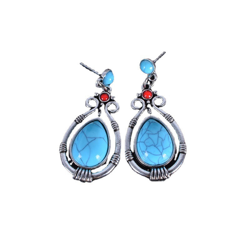 Retro Green Water Droplets Earrings For Women In Alloy With Turquoise Inlay