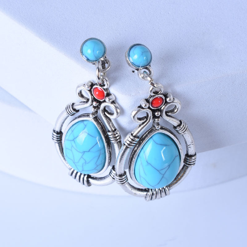 Retro Green Water Droplets Earrings For Women In Alloy With Turquoise Inlay