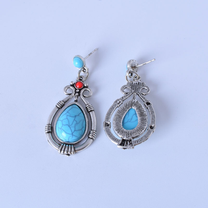 Retro Green Water Droplets Earrings For Women In Alloy With Turquoise Inlay