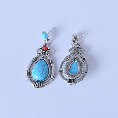 Retro Green Water Droplets Earrings For Women In Alloy With Turquoise Inlay
