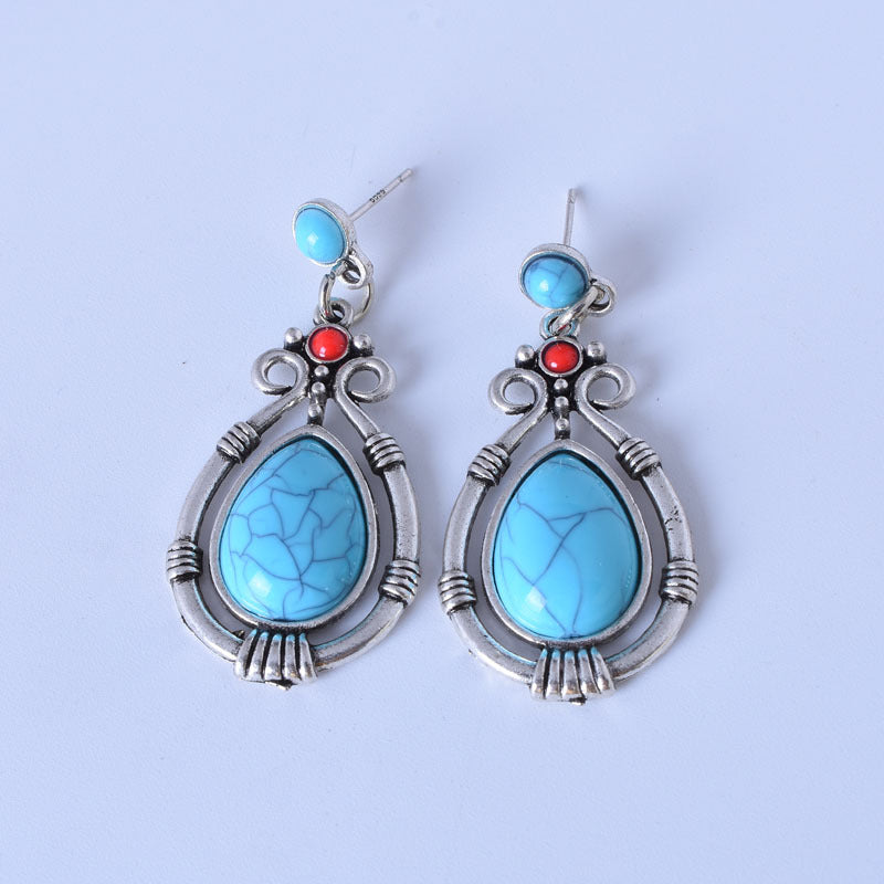 Retro Green Water Droplets Earrings For Women In Alloy With Turquoise Inlay