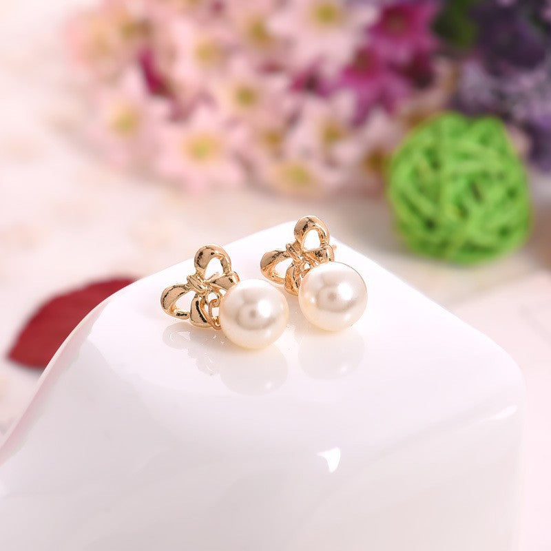 Sweet Gold Bow Tie Drop Earrings For Women, Electroplated Alloy With Artificial Pearl Inlay