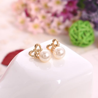 Sweet Gold Bow Tie Drop Earrings For Women, Electroplated Alloy With Artificial Pearl Inlay