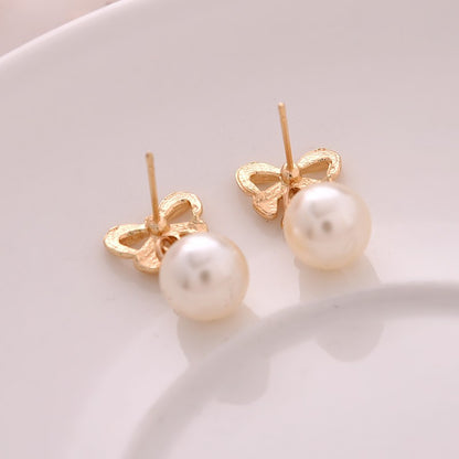 Sweet Gold Bow Tie Drop Earrings For Women, Electroplated Alloy With Artificial Pearl Inlay