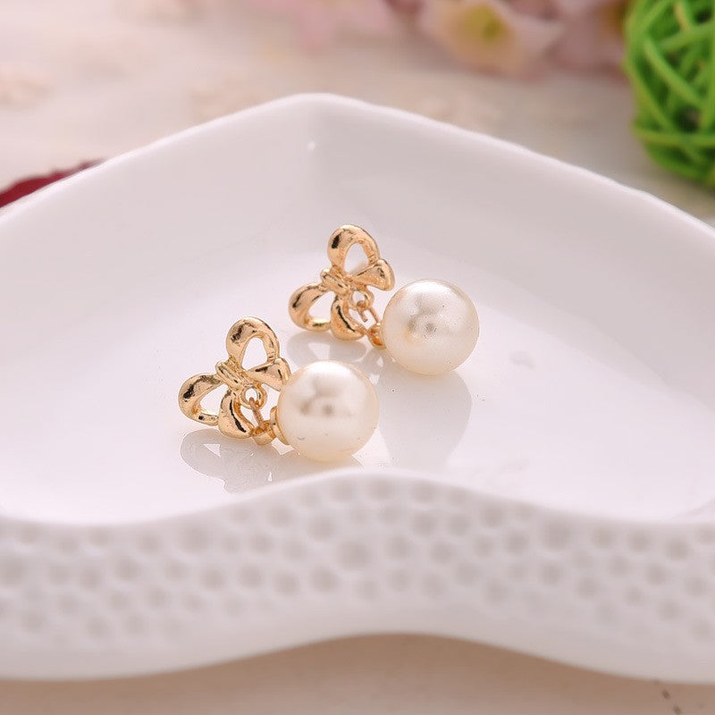 Sweet Gold Bow Tie Drop Earrings For Women, Electroplated Alloy With Artificial Pearl Inlay