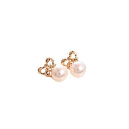 Sweet Gold Bow Tie Drop Earrings For Women, Electroplated Alloy With Artificial Pearl Inlay