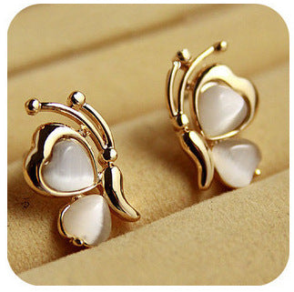 Retro Butterfly Stud Earrings For Women In Alloy With Cat's Eye Stone Inlay, Perfect Birthday Gift