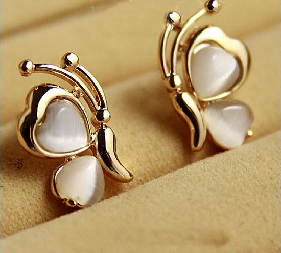Retro Butterfly Stud Earrings For Women In Alloy With Cat's Eye Stone Inlay, Perfect Birthday Gift