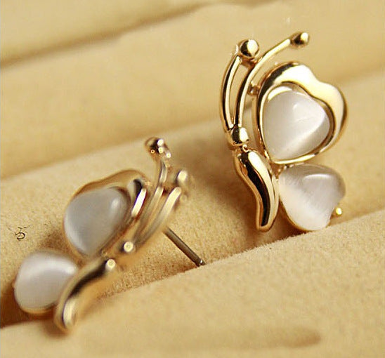 Retro Butterfly Stud Earrings For Women In Alloy With Cat's Eye Stone Inlay, Perfect Birthday Gift