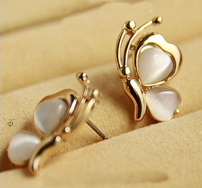 Retro Butterfly Stud Earrings For Women In Alloy With Cat's Eye Stone Inlay, Perfect Birthday Gift