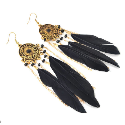 Bohemian Feather Tassel Earrings In White Alloy With Electroplated Finish