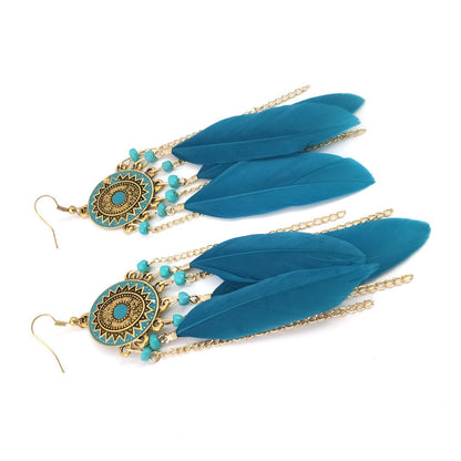 Bohemian Feather Tassel Earrings In White Alloy With Electroplated Finish