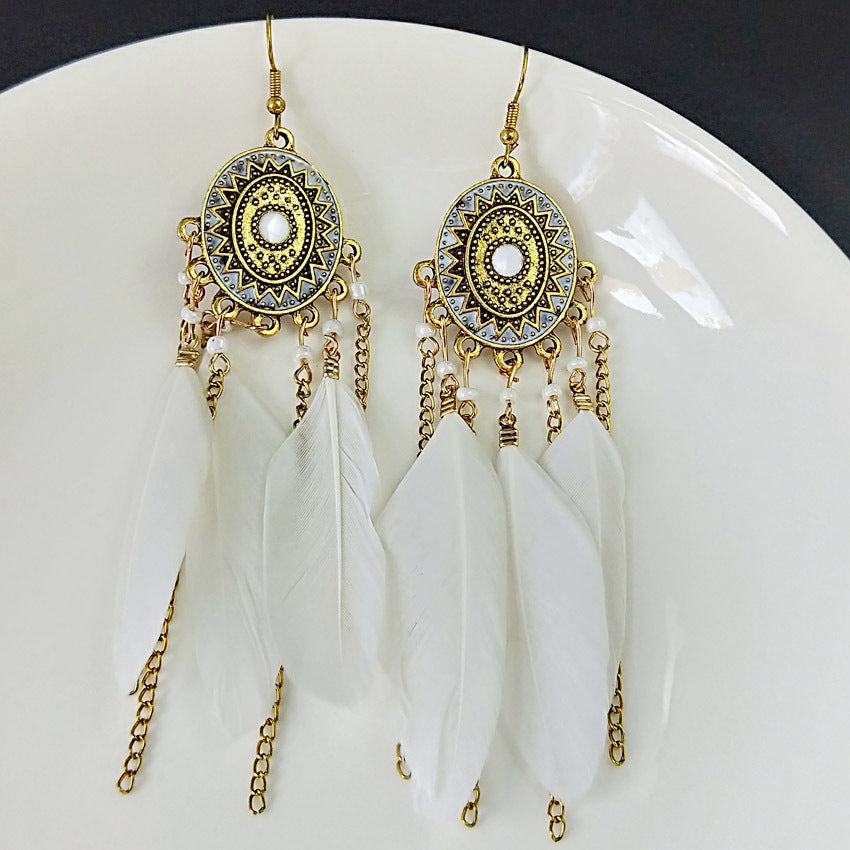 Bohemian Feather Tassel Earrings In White Alloy With Electroplated Finish