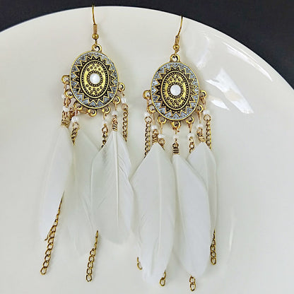Bohemian Feather Tassel Earrings In White Alloy With Electroplated Finish
