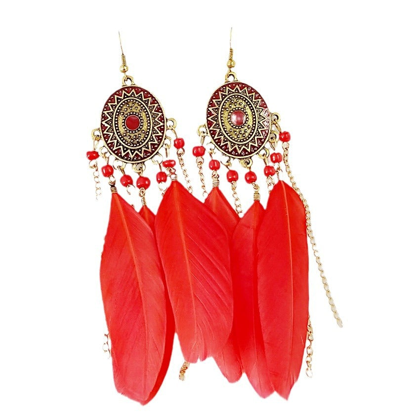 Bohemian Feather Tassel Earrings In White Alloy With Electroplated Finish