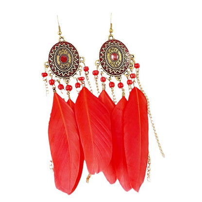 Bohemian Feather Tassel Earrings In White Alloy With Electroplated Finish