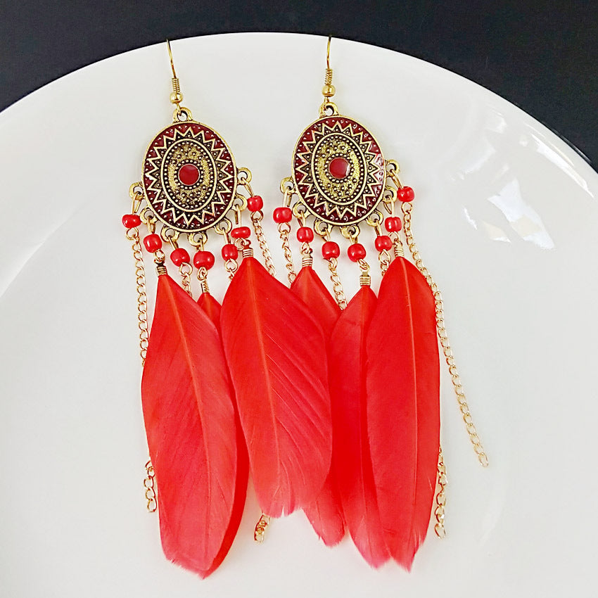 Bohemian Feather Tassel Earrings In White Alloy With Electroplated Finish