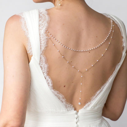 Silver Tassel Body Chain For Women With Imitation Pearl And White Crystal Inlay Featuring Pearl Pattern