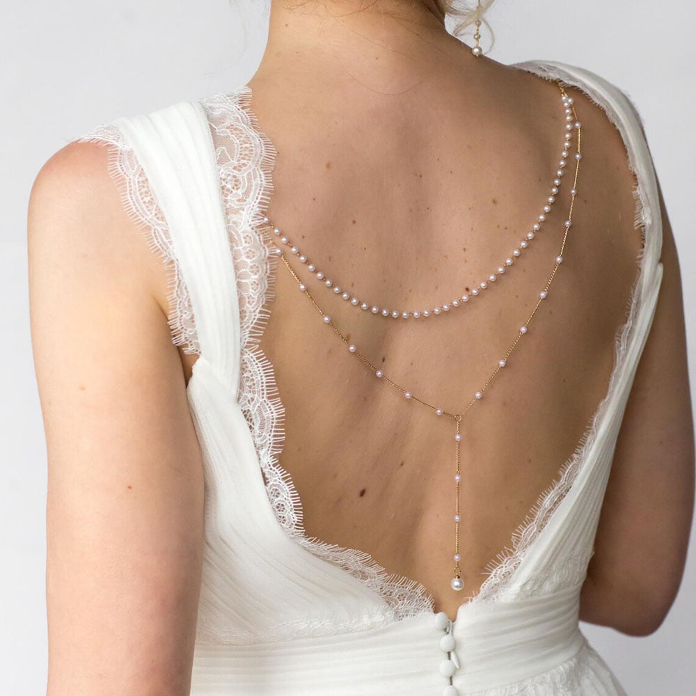 Silver Tassel Body Chain For Women With Imitation Pearl And White Crystal Inlay Featuring Pearl Pattern
