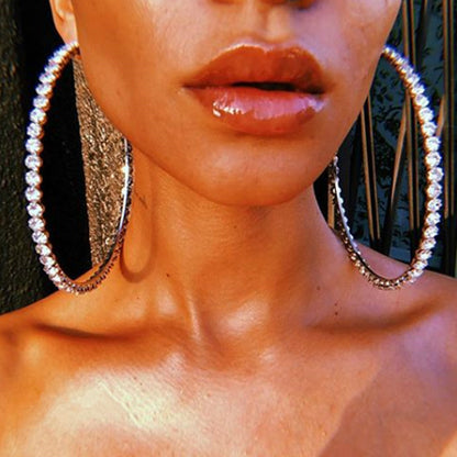 Exaggerated Large Silver Circle Earrings Featuring Rhinestones Inlay For A Bold Statement