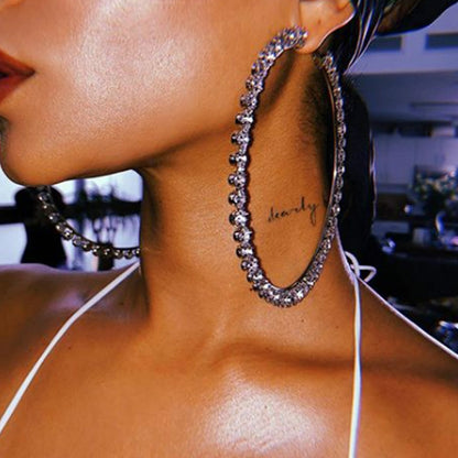 Exaggerated Large Silver Circle Earrings Featuring Rhinestones Inlay For A Bold Statement