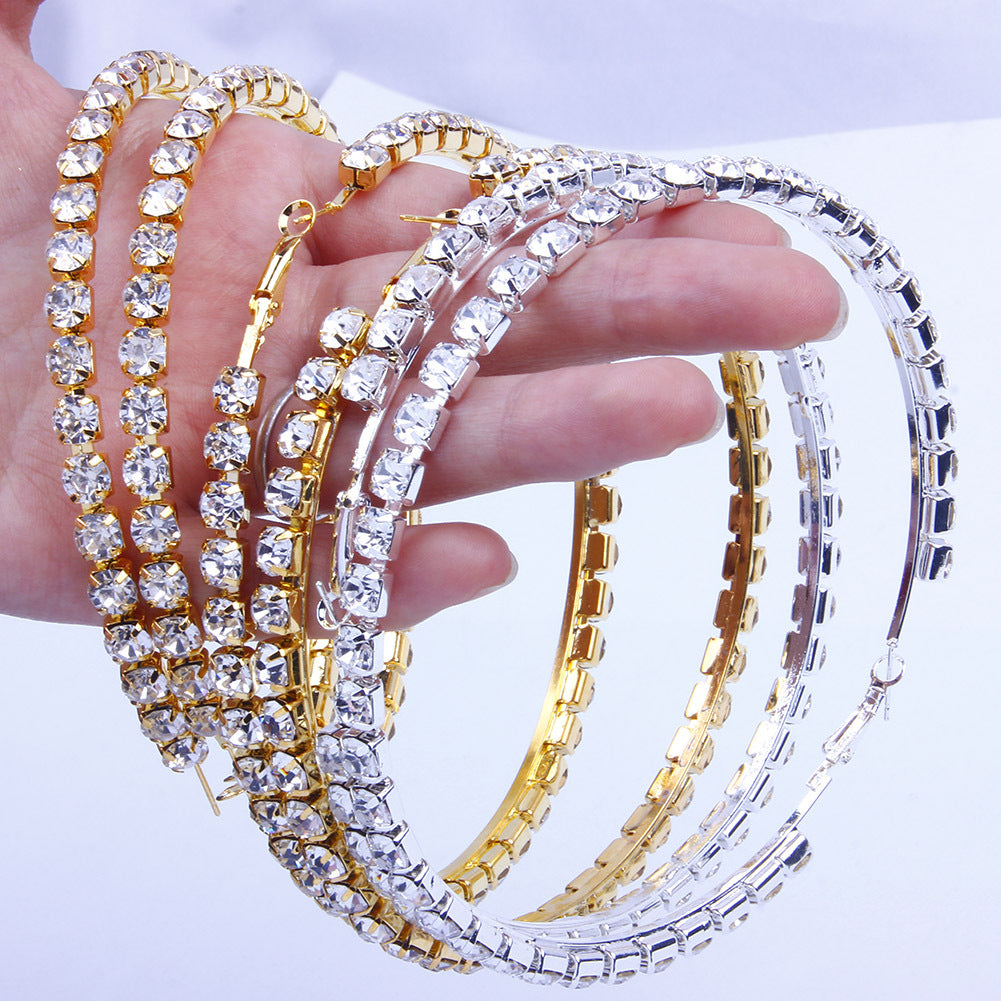 Exaggerated Large Silver Circle Earrings Featuring Rhinestones Inlay For A Bold Statement