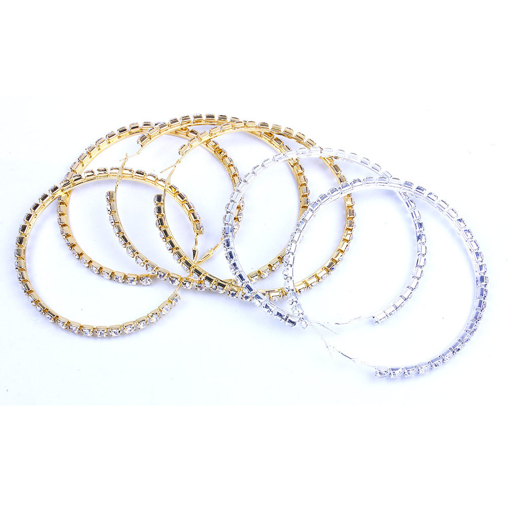 Exaggerated Large Silver Circle Earrings Featuring Rhinestones Inlay For A Bold Statement