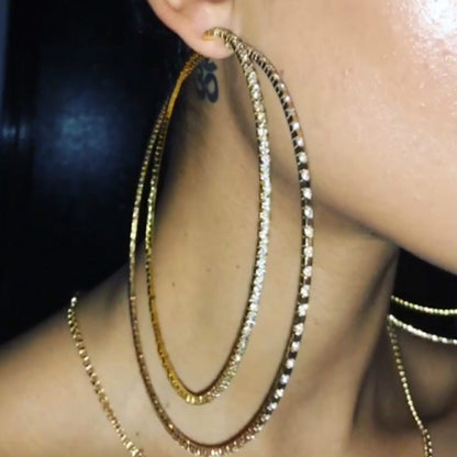 Exaggerated Large Silver Circle Earrings Featuring Rhinestones Inlay For A Bold Statement