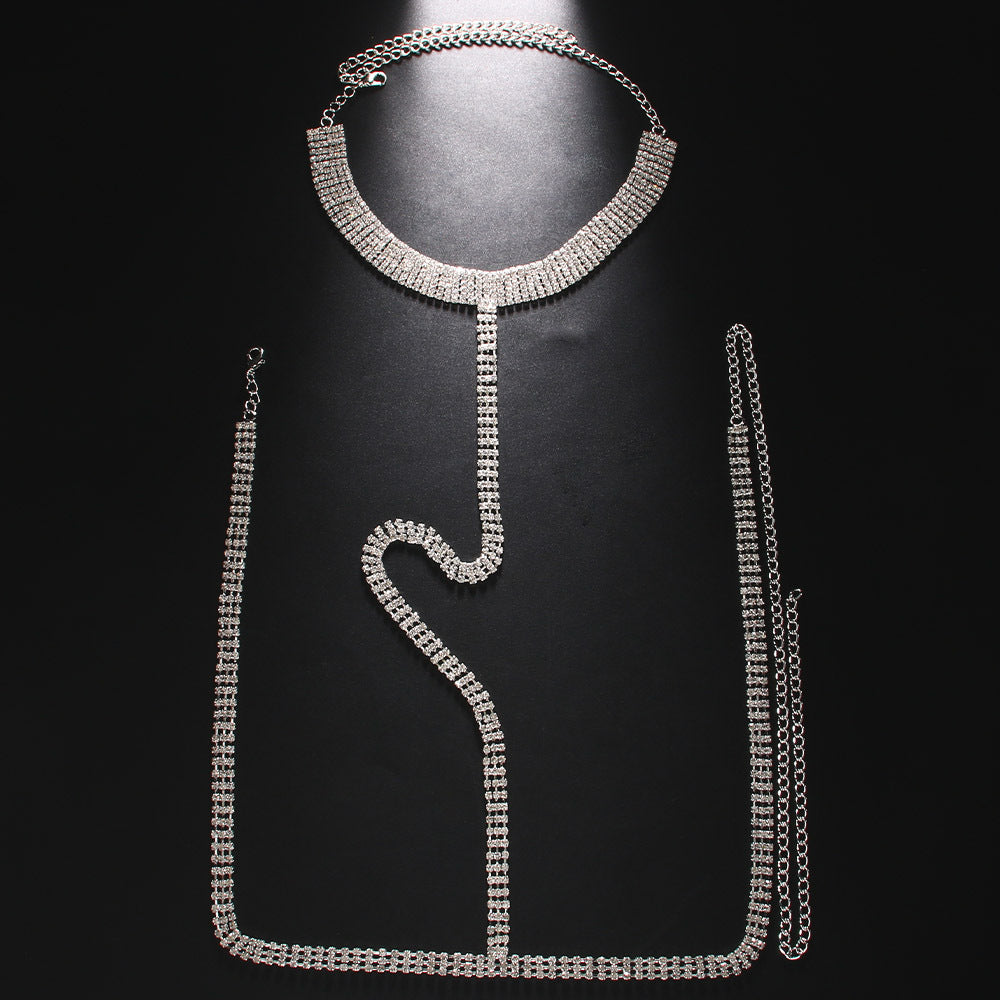 Men's Silver Alloy Body Chain With White Crystal Pattern, Electroplated Chest Accessory