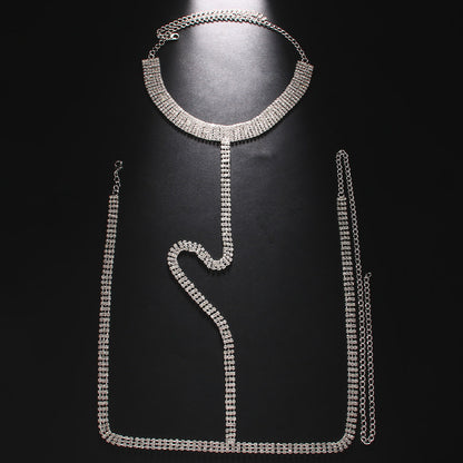 Men's Silver Alloy Body Chain With White Crystal Pattern, Electroplated Chest Accessory