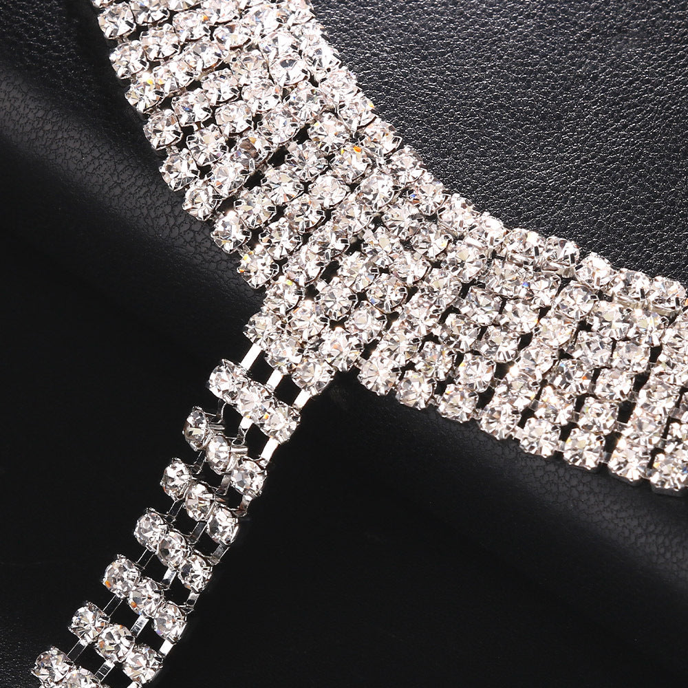 Men's Silver Alloy Body Chain With White Crystal Pattern, Electroplated Chest Accessory