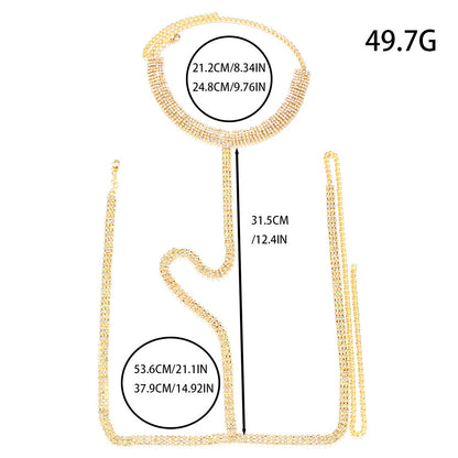 Men's Silver Alloy Body Chain With White Crystal Pattern, Electroplated Chest Accessory