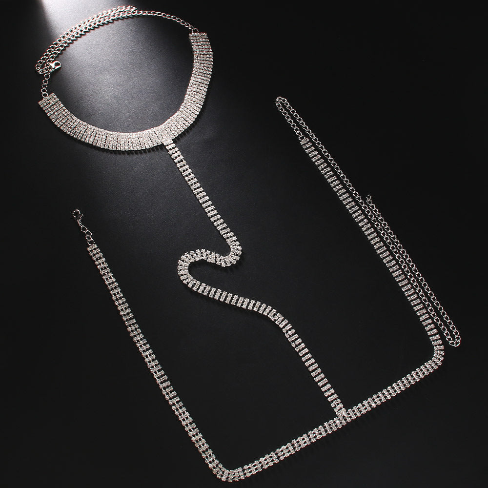 Men's Silver Alloy Body Chain With White Crystal Pattern, Electroplated Chest Accessory